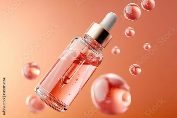Fototapeta Serum bottle with dropper surrounded by floating transparent spheres on a peach gradient background.