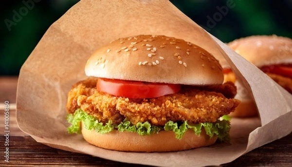 Fototapeta Crispy breaded chicken burger featuring fresh lettuce and tomato slices on rustic wooden surface