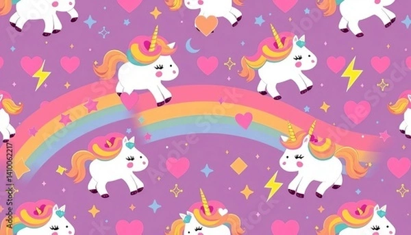 Fototapeta Cute unicorn, rainbow, diamond, heart & thunder seamless pattern on star background, child, kids