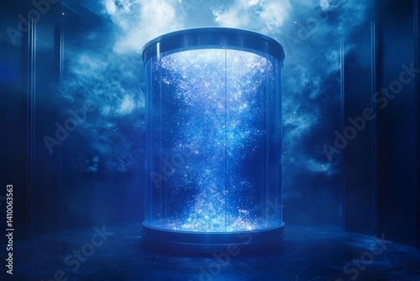 Fototapeta Quantum computer core enclosed in futuristic glass chamber with blue glow