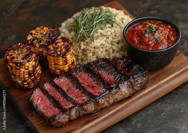 Fototapeta Grilled Steak, Corn, & Rice Dish