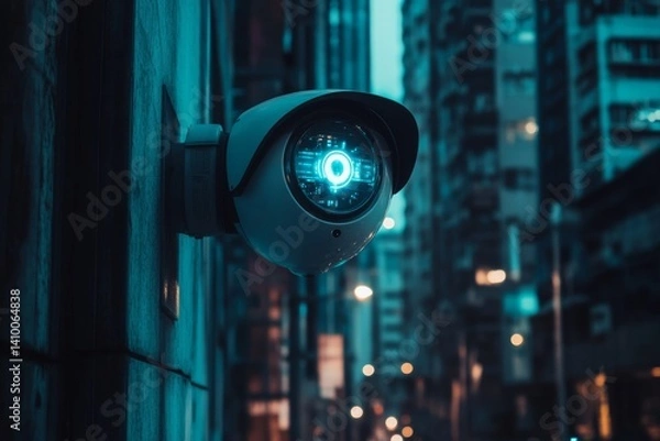 Fototapeta Futuristic security camera with ai eye in urban cityscape environment