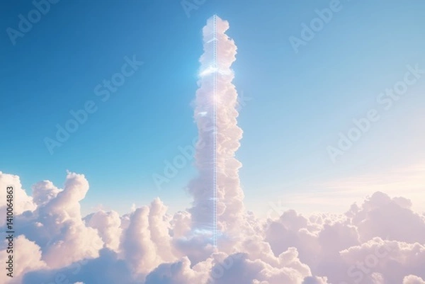 Fototapeta Futuristic space elevator ascending through clouds in a clear blue sky