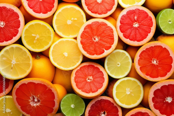 Fototapeta Top view of assorted citrus fruits with vibrant colors