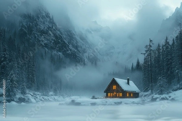 Obraz Cozy cabin nestled in a snowy mountain valley