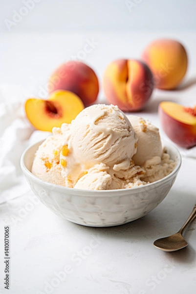 Fototapeta Peach ice cream in a white bowl on white marble table with fresh peaches, summer dessert idea