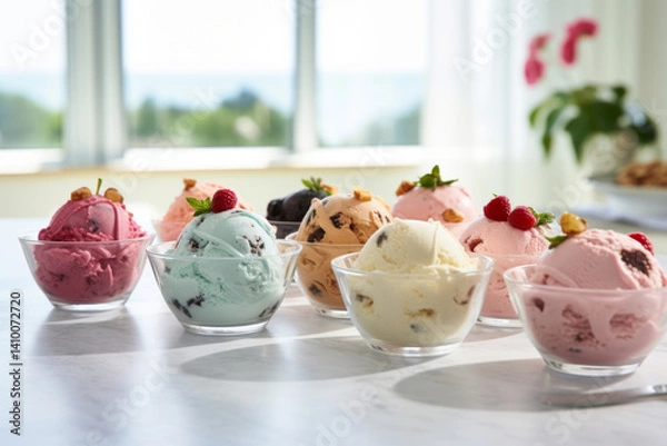 Fototapeta Variety of ice cream flavors in bowls on a countertop in white kitchen
