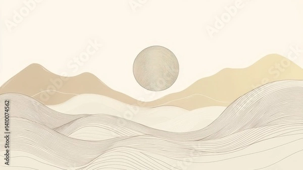 Fototapeta Abstract Minimalistic Landscape Illustration: Serene Earth Tone Mountains at Sunrise - Digital Vector Art with Geometric Shapes