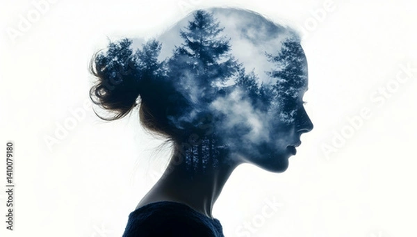 Fototapeta A double exposure of a woman's head and a foggy forest, with the fog forming the shape of a face profile. 