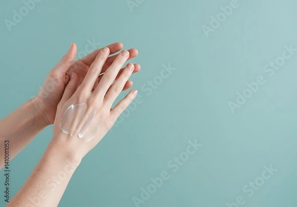 Fototapeta Hands are seen applying sunscreen to protect the skin from harmful UV rays, indicating readiness for a day at the beach or outdoor events in sunny weather