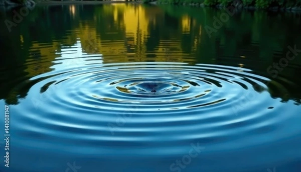 Obraz Symmetrical ripples spreading from a central point on calm lake water, light, royalty-free, image