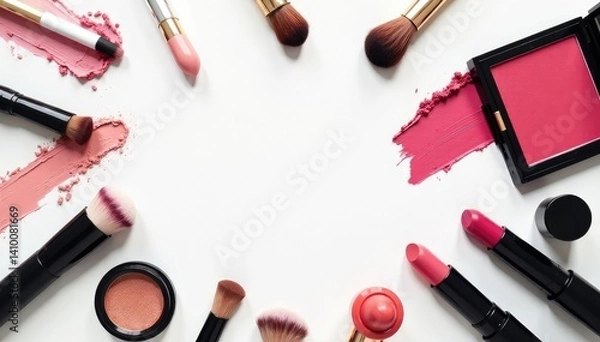 Obraz Various makeup items arranged on a stark white surface, makeup, assortment, image