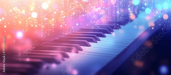 Fototapeta A blurred background of piano keys and bokeh lights, creating an atmosphere suitable for music-themed content