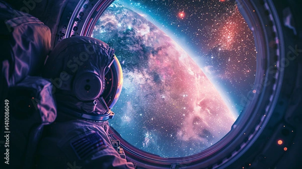 Fototapeta An astronaut gazing out from a spaceship's window at the stunning view of a distant galaxy and the Milky Way in the background