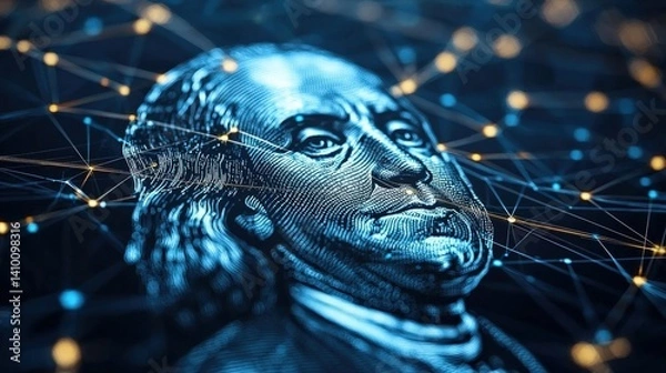 Fototapeta A stylized close-up of Benjamin Franklin's portrait, intricately connected with digital lines, symbolizing innovation and finance.