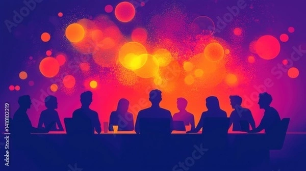 Fototapeta Silhouetted Figures in a Vibrant Meeting Scene with Colorful Bokeh Background and Intense Light Reflections