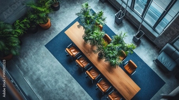 Obraz Modern office lobby, long table, plants, meeting area, aerial view