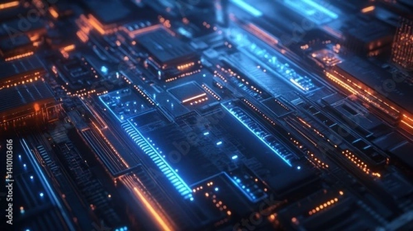 Fototapeta Intricate digital circuit board with glowing neon lines.
