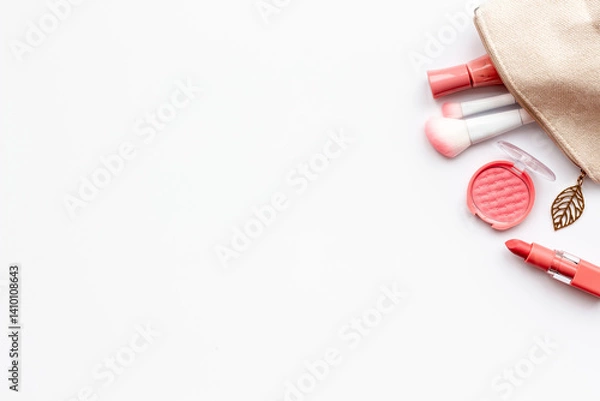 Obraz Layout of cosmetic bag with makeup brown pink shade beauty products, top view