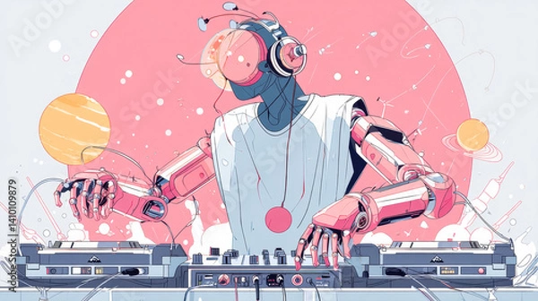 Fototapeta Futuristic robot dj mixing music on turntables in outer space with planets and headphones