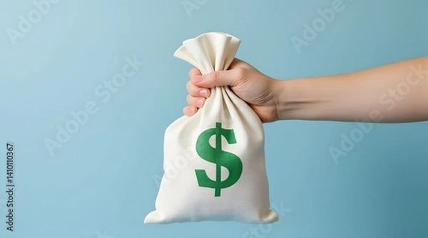 Fototapeta A hand confidently holds a white money bag displaying a prominent green dollar sign against a serene light blue background symbolizing financial security and wealth.