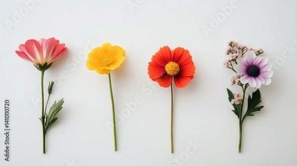 Fototapeta A display of four vibrant flowers in varying colors.