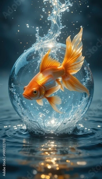 Fototapeta A vibrant goldfish gracefully swims in a clear aquarium, surrounded by shimmering water bubbles that rise gently to the surface, reflecting soft light and creating a serene atmosphere.