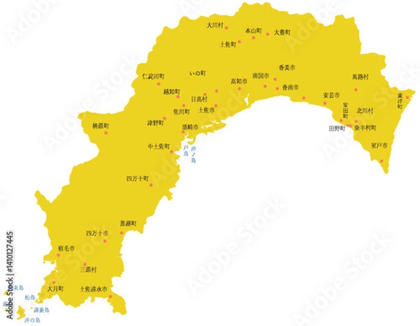 Fototapeta 高知県　地図　黄色　斑点　イラスト