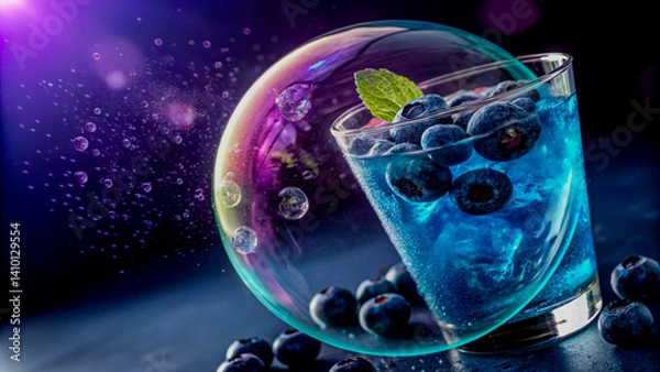 Fototapeta Blueberry Cocktail Inside a Transparent Bubble Glowing from Its Core
