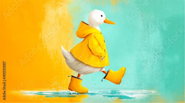 Fototapeta Cheerful duck in yellow raincoat and boots walking in puddle against colorful background