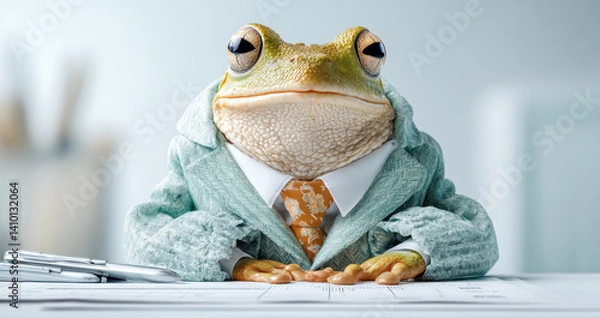 Fototapeta Business frog in suit with tie sitting at desk in office environment