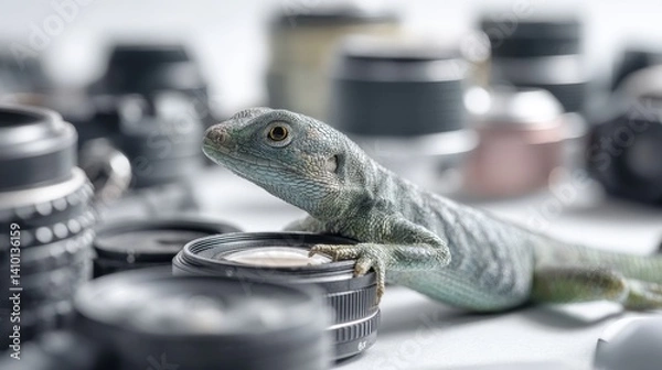 Fototapeta Curious lizard exploring camera lenses on a table