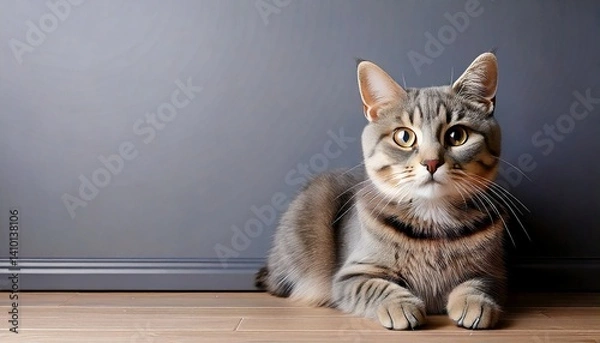 Obraz  Curious Cat Sitting Indoors with Grey Wall.