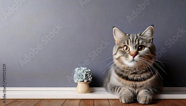 Obraz  Curious Cat Sitting Indoors with Grey Wall.