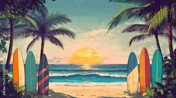 Fototapeta Colorful surfboards at sunset beach scene (1)
