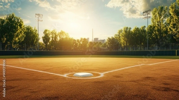 Fototapeta Empty baseball field at sunset, city park background