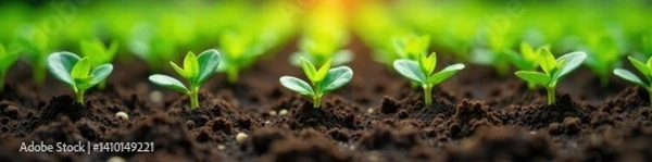 Fototapeta Row of freshly planted seedlings in a garden bed, plants, soil, greenery