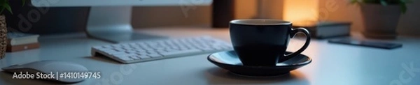 Fototapeta Sleek black coffee cup on a minimalist desk surrounded by high-tech gadgets, modern, tech