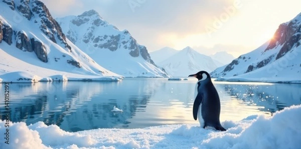Fototapeta Snowy landscape with a lone penguin standing at the edge of a frozen lake, penguins, icy mountains