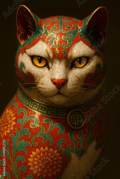 Fototapeta Ornate Porcelain Cat with Intricate Red and Green Decorative Pattern
