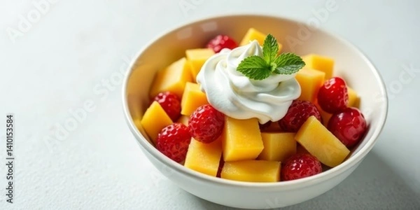 Fototapeta A refreshing summer fruit salad with juicy melon cubes, sweet raspberries, and a dollop of creamy whipped topping, perfect for a light dessert or snack.