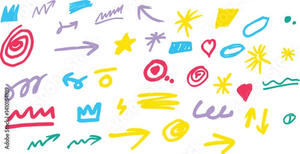 Fototapeta Colorful doodles, hand-drawn arrows, scribbles, stars, swirls, abstract shapes, geometric elements, playful sketches, vibrant colors, childlike drawings, simple illustrations