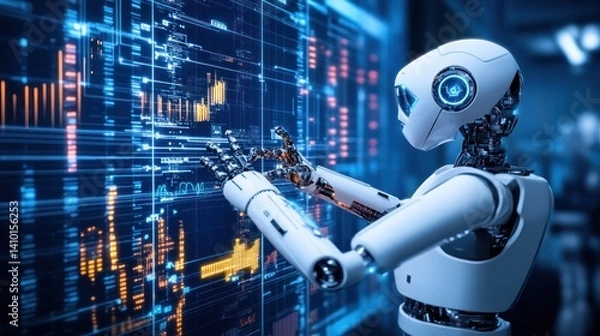 Fototapeta Artificial Intelligence: Futuristic Robot Interacting with Data Streams