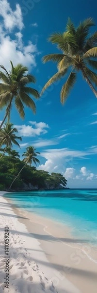 Fototapeta Beautiful tropical beach scene with palm trees framing the calm blue water, evoking a sense of paradise