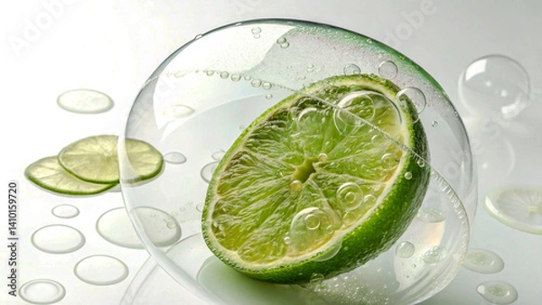 Obraz Green Lemon Inside a Semi-Transparent Bubble with a Glowing Core