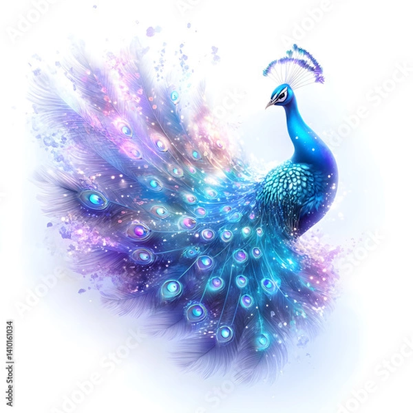 Fototapeta A fantasy peacock glowing with magical light in turquoise and purple feather details dreamy elegant bird white background