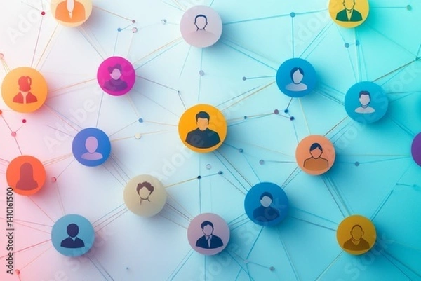 Fototapeta Colorful connected profile icons, networking concept, light blue background, possible use social media