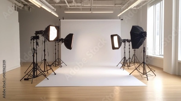 Fototapeta A modern photography studio featuring bright lights, softboxes, and a clean backdrop, perfect for professional shoots.