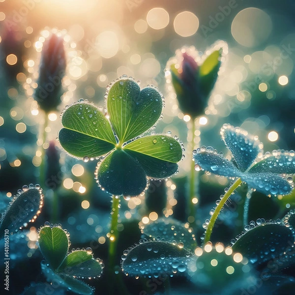 Fototapeta Dew-kissed clover in sunlit green meadow with soft bokeh background.