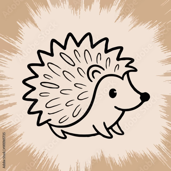 Fototapeta Simple line drawing hedgehog against a tan starburst background